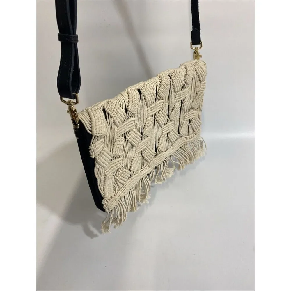 Stella & Dot Macrame Fringe Clutch Purse Evening Party Boho Black‎ & Cream
